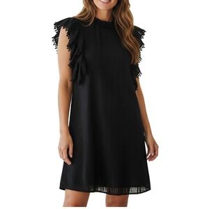 Sugar + Lips Eyelet Ruffle Mini Dress Womens Small Black Pom Pom Trim STD10938